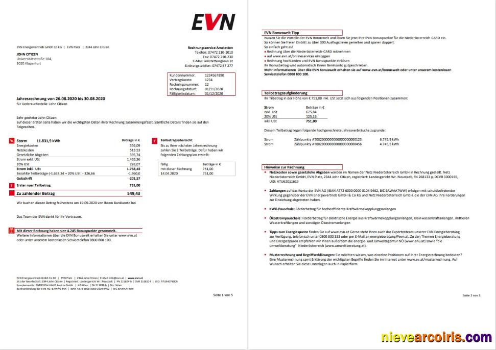 Austria EVN electricity utility bill 5 pages 1 2